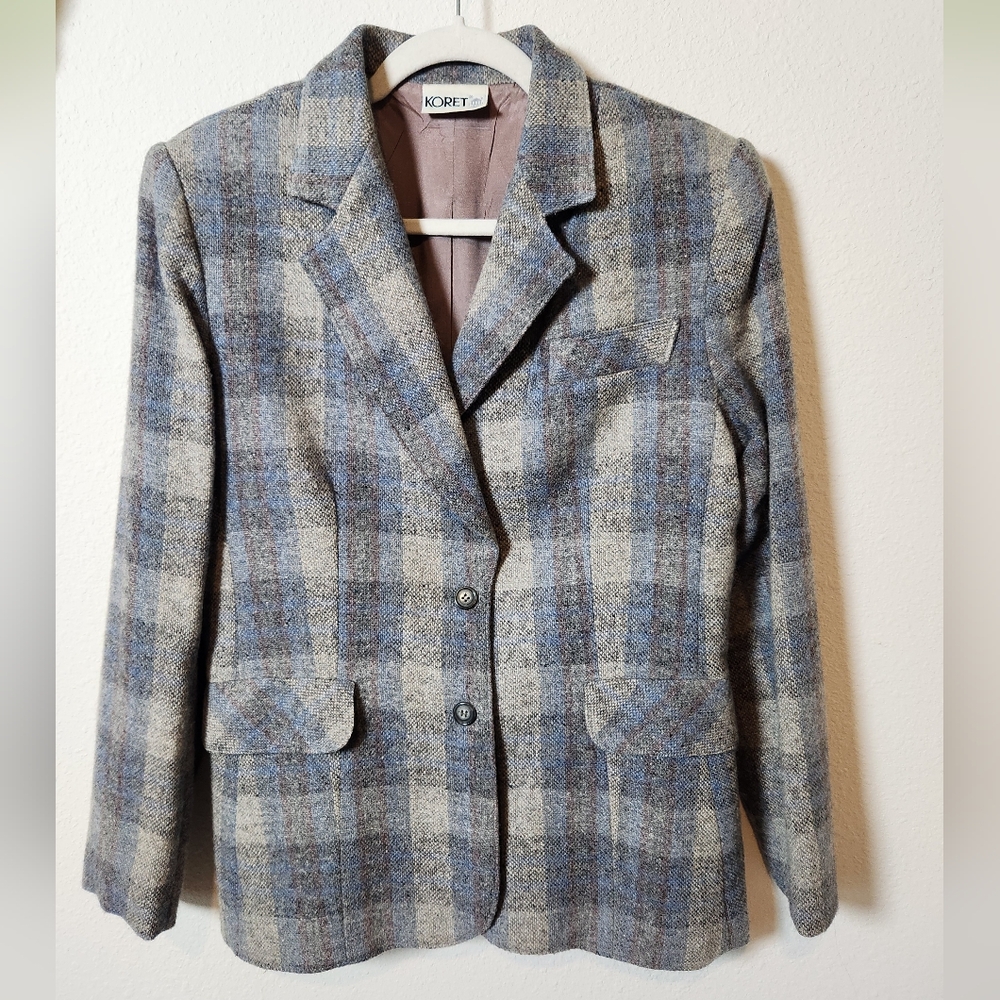 Vintage Womens Koret Plaid Wool Blazer Blue Gray Academia Preppy Clueless Med